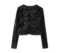 Female High Street Tops Solid O-Neck Long Sleeves Sequins Bow Tie Decorate Women's Autumn Blouses Black
