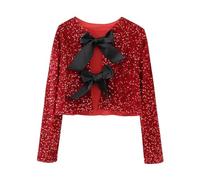 Female High Street Tops Solid O-Neck Long Sleeves Sequins Bow Tie Decorate Women's Autumn Blouses Red
