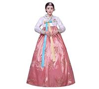 Female Korean Traditional Long Sleeve Classic Hanboks Dress Cosplay Costume Women Palace Korea Wedding Dance Costume, Light Pink, XL