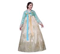 Female Korean Traditional Long Sleeve Classic Hanboks Dress Cosplay Costume Women Palace Korea Wedding Dance Costume, Light Yellow, Medium