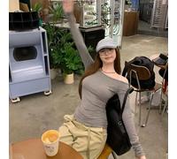 Female long sleeve off shoulder slim fit shirt featuring moderate elasticity and seasonal use, perfect for daily, club, vacation, home, and holiday wear throughout the year (XXL grey)