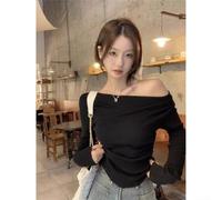 Female long sleeve off shoulder slim fit shirt featuring moderate elasticity and seasonal use, perfect for daily, club, vacation, home, and holiday wear throughout the year (XL black)