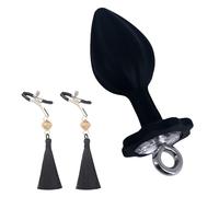 Female Masturbation Nipple Clamps Butt Plug Set Pull Ring Silicone Butt Plug with Luxury Jewelry Base Adjustable Nipple Clamps Anal Sex Toy