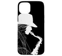Female Saxophonist Line Art Tenor Saxophone Case for iPhone 15 Plus