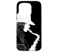Female Saxophonist Line Art Tenor Saxophone Case for iPhone 15 Pro
