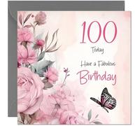 Female Special 100th Birthday Card - Beautiful Butterfly & Floral Pink Rose Birthday Card for 100 Year old nan gran hundredth hundred