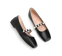 Female Stylish Pearl-Embellished Dress Mary Jane Flat Shoes with Square Toe, Perfect for Work or Office, Low Heel, Easy Slip-on Loafers Black