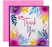 Female Thank You Card for Her - Gorgeous Neon Watercolour Flowers Design - Square Card, Blank Inside With Envelope