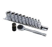 Female Torx Star E Sockets E4 - E18 + 1/4" Drive Ratchet + Step Up 1/4" - 3/8”