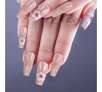 FEMBW Press on Nails, Pack of 24 Squoval Nude Natural Fake Nails with Nail Glue, Creative Blooming Flowers with Glitter, Glue-On Nails with Nail File for Women