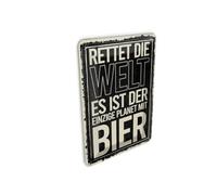 Femer Tin Postcard with German Text 10 x 14 cm Rettet die Welt es ist der einzige Planet mit Bier