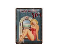 Femer Tin Sign Retro 30 x 40 cm Lost in the 50s Woman with Jute Box Decorative Sign