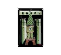 Femer Tin Sign Travel 20 x 30 cm Basel Switzerland City Gate with Tower Decorative Sign