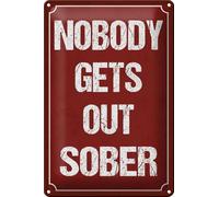 FEMER Tin Sign with Saying 20 x 30 cm Nobody gets Out Sober Alcohol Decorative Sign