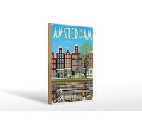 Femer Wooden Sign Travel 20 x 30 cm Amsterdam Holland Bicycles Houses Decorative Sign