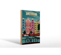 Femer Wooden Sign Travel 20 x 30 cm Amsterdam Netherlands Bicycles Water Decorative Sign