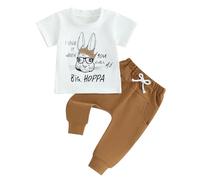 FeMereina Baby Boy Easter Outfit Letter Rabbit Printed T-shirt Short Sleeve Top Pants My First Easter Baby Boy Outfit (White, 6-12 Months)