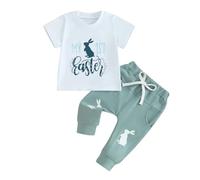 FeMereina Baby Boy Easter Outfit Letter Rabbit Printed T-shirt Short Sleeve Top Pants My First Easter Baby Boy Outfit (Green, 3-6 Months)