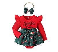 FeMereina Baby Girl Christmas Outfit My First Christmas Bodysuit Dress Long Sleeve Ruffled Knit Santa Claus Onesie Headband Set (Red, 12-18 Months)