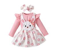 FeMereina Baby Girl My 1st Easter Outfit Ruffle Long Sleeves Romper and Cartoon Bunny Suspender Skirt Headband Pink Bunny Outfit (Pink, 9-12 Months)