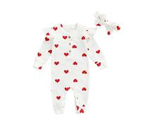 FeMereina Baby Girl Valentine's Day Romper Bodysuit Ribbed Love Heart Ruffled Long Sleeve Jumpsuit Playsuit +Headband (White, 3-6 Months)