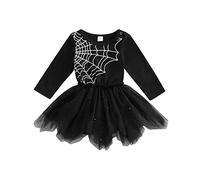 FeMereina Baby Girls Halloween Romper Dress Halloween Spider Web Printed Long Sleeves Mesh Jumpsuits Tulle Tutu Skirt Bodysuit Clothes (Black, 12-18 Months)