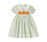 FeMereina Baby Toddler Girl Halloween Outfit Gingham Pumpkin Embroidered Dress Toddler Fall Halloween Clothes 12M 18M 2T 3T 4T (Green, 4-5 Years)