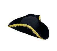 FeMereina Black Pirate Hat Deluxe Colonial Tricorn Hat Vintage Party Cap with Gold Trimming for Adults (Black, 35cm*39cm*10cm)