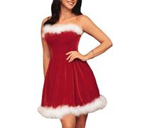 FeMereina Christmas Dress Santa Clause Outfit Mini Dress Casual Strapless Swing Mini DressOff Shoulder Mini Dress Mrs. Claus Santa Claus Dress Christmas Costume (Red, M)