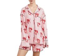 FeMereina Christmas Pajamas for Women Bow Print Long Sleeve Shirt Shorts Button Down Funny Graphic 2 Piece Pjs Set Sleepwear (Pink, L)