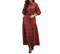 FeMereina Christmas Plaid Maxi Dress with Belt for Women Half Sleeve A Line Flowy Dress Collared Checker Shirt Long Dress