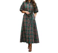 FeMereina Christmas Plaid Maxi Dress with Belt for Women Half Sleeve A Line Flowy Dress Collared Checker Shirt Long Dress