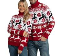 FeMereina Couples Christmas Sweaters Cute Elk Print Turtleneck Long Sleeve Pullover Tops Unisex Ugly Christmas Sweater Men Women (Red Men, XXL)