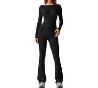 FeMereina Flare Jumpsuits for Women Long Sleeve Open Back Scoop Neck Bodycon Full Length Casual Unitard Playsuit Streetwear (Black, L)