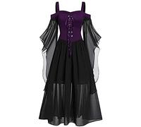 FeMereina Goth Dress for Women Plus Size Cold Shoulder Tie Front Dark in Love Ruffle Sleeves Halloween Dresses (Purple Black, X-Large)
