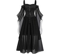 FeMereina Goth Dress for Women Plus Size Cold Shoulder Tie Front Dark in Love Ruffle Sleeves Halloween Dresses (Black, Large)