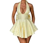 FeMereina Halter Satin Homecoming Dress for Teens V Neck Corset Short Formal Dresses with Bow (Yellow, M)