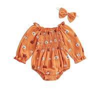 FeMereina Infant Newborn Baby Girl Clothes Halloween Outfits Pumpkin Print Jumpsuit Long Sleeve Ruched Cotton Linen Romper With Headband (Orange, 6-12 Months)