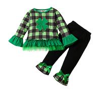 FeMereina Infant Toddler Baby Girl St Patricks Day Outfit Green Plaid Shamrock Rufflr T-Shirt Top +Flare Pants Headband Set (Green, 4-5T)