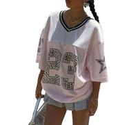 FeMereina Jersey Shirts for Women Y2k Oversized T Shirt Leopard Number Graphic Tees V Neck Half Sleeve Streetwear Tops (Pink, L)