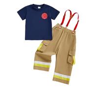 FeMereina Kids Firefighter Outfit For Boys Girls Fire Fighter Themed Halloween Cosplay Outfit Toddler Fireman Clothes (Blue, 18-24 Months)