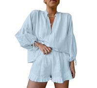 FeMereina Linen Shorts Sets Women 2 Piece Outfits Long Sleeve Tie Front Tops and Ruffled Boxer Shorts Matching Lounge Sets (Blue, M)