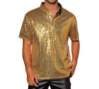 FeMereina Men Sparkle Sequins Shirt Casual Vintage Summer 1/4 Button Tops Stand Collar Shirt Short Sleeve Party Polo Shirt Top (Gold, XXXL)