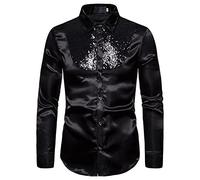 FeMereina Men's Shiny Design Long Sleeve Dress Shirts Slim Fit Business Button Down Ruffle Shirts Luxury Party Dress Shirt (Black#1, XL)
