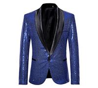 FeMereina Men's Shiny Sequins Suit Jacket Blazer One Button Tuxedo for Party,Wedding,Banquet,Prom (Blue#3, XXL)