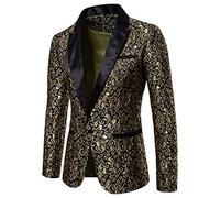 FeMereina Men's Shiny Sequins Suit Jacket Blazer One Button Tuxedo for Party,Wedding,Banquet,Prom (Gold#1, L)