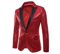 FeMereina Men's Shiny Sequins Suit Jacket Blazer One Button Tuxedo for Party,Wedding,Banquet,Prom (Red, M)