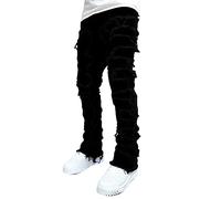 FeMereina Men's Slim Fit Stretch Jeans Distressed Patchwork Stacked Frayed Straight Leg Skinny Denim Pants Y2K Hip Hop Harajuku Jeans (Black, L)