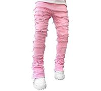FeMereina Men's Slim Fit Stretch Jeans Distressed Patchwork Stacked Frayed Straight Leg Skinny Denim Pants Y2K Hip Hop Harajuku Jeans (Pink, M)