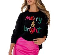 FeMereina Merry Christmas Sweatshirts Women Merry And Bright Christmas Pullover Top Chenille Patch Letter Printed Xmas Jumper Top (Black, M)